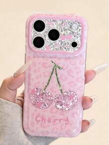 Autumn Pink Leopard Print Diamond Cherry Phone Case, Pink Glitter Large Window Lens Frame Shockproof Protective Phone Cover Compatible With Apple IPhone18 17 16 15 14 13 12 11 Pro Max - Multicolor - View 2