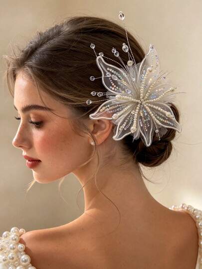 1pc Large Handmade Heavy Craft Pearl Crystal Mesh 5-Petal Flower Sequin Hair Clip, Bridal Wedding Banquet High-End Hair Accessory