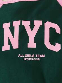 Girls Spring/Autumn American Campus 2 Pieces Set, Girls Asymmetrical Shoulder Raglan Sleeve NYC Print Cropped Sweatshirt And Side Stripe Wide Leg Sweatpants - Green - View 5