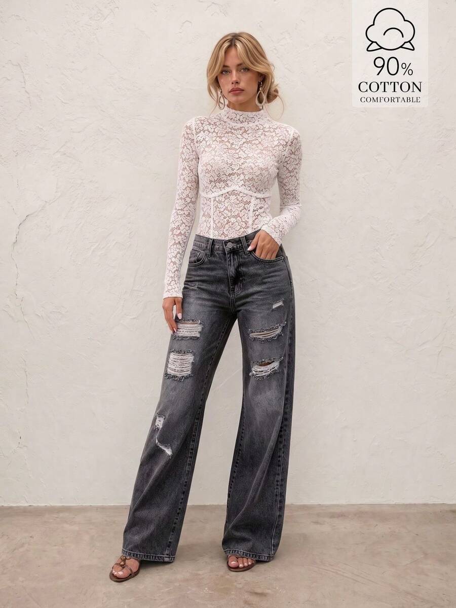 Celana Jeans Wanita Model Light Wash, Sobek, Potongan Lebar, Pinggang Tinggi, Bahan Elastis, Gaya Bohemian Vintage Y2K, Nyaman dan Lembut, Pakaian Jalanan Musim Gugur/Dingin untuk Jalan-jalan dan Liburan - Hitam - View 1