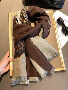 1pc Maillard Brown Tone Tiger & Leopard Pattern Jacquard Scarf, Reversible, Warm Autumn/Winter Atmosphere Large Shawl Neck Warmer - Coffee Brown - View 4