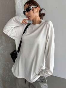 Women's White Round Neck Long Sleeve T-Shirt, Soft Polyester Regular Fit Top, Comfortable Everyday Wear - White - View 3