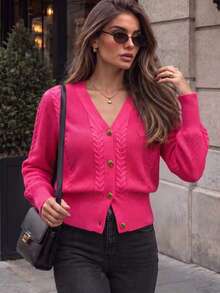 BYGOUBY Women's V-Neck Long Sleeve Cable Knit Cardigan, Solid Pink Front Button Short Knit Sweater, Autumn Casual Jacket - Pink - View 2