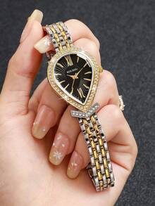 Women's Luxury Rhinestone Teardrop Roman Numeral Dial Quartz Watch, Elegant Two-Tone Alloy Band Wristwatch, Gift For Girlfriend (1pc/Set) Watch Box Not Included - Multicolor - View 5