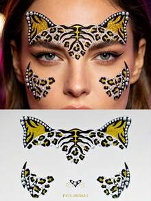 1pc Leopard Animal Face Gem Sticker, Self-Adhesive Glitter Rhinestone Mask Face Decor, Halloween Cosplay, EDM Party Temporary Face Sticker - Multicolor - View 8