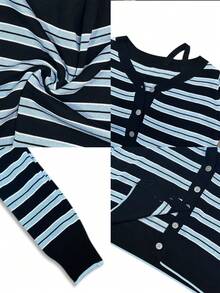 Sweet Cool Spicy Girl Style Asymmetrical Cold Shoulder Spaghetti Strap Patchwork Striped Long Sleeve Cardigan Women Autumn/Winter V-Neck Single-Breasted Contrast Color Knit Top Jacket - Black and Blue Striped Patchwork - View 8