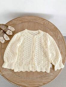 Spring/Autumn New Baby Girls' Clothing, Hollow Knit Cardigan, Girls' Round Neck Long Sleeve Sweater Jacket, Cuffed Knit Sweater - Apricot - View 4