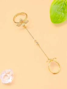 1pc Flower & Eight-Pointed Star Connected Finger Ring, Delicate Chain Elegant Wedding & Daily Jewelry - Four O'Clock Flower - View 5