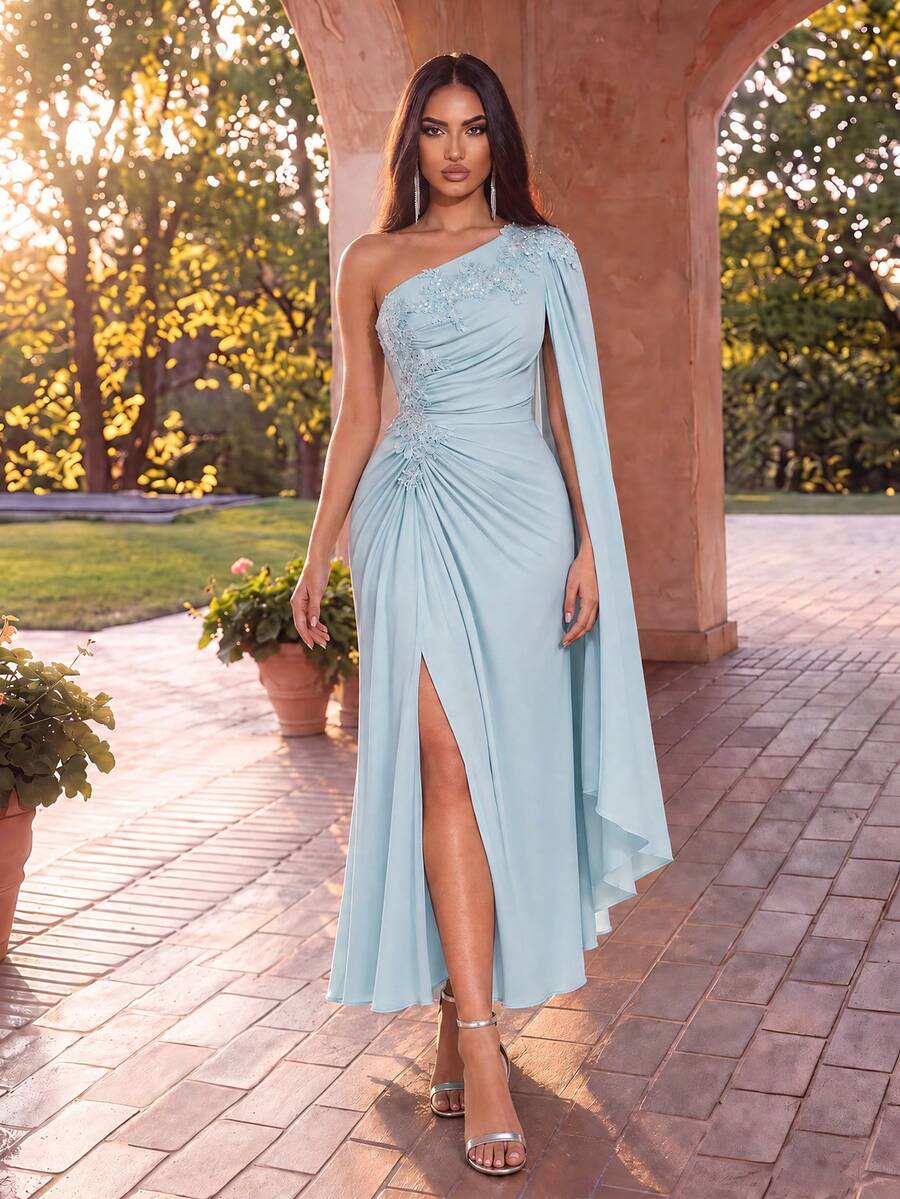 EVERPRETTY Gaun Malam Formal Elegan dan Menawan untuk Pesta, Gaun Tamu Pernikahan Musim Gugur, Cocok untuk Pesta Makan Malam, Pertemuan, Pernikahan, dan Acara Formal. - Baby Blue - View 1