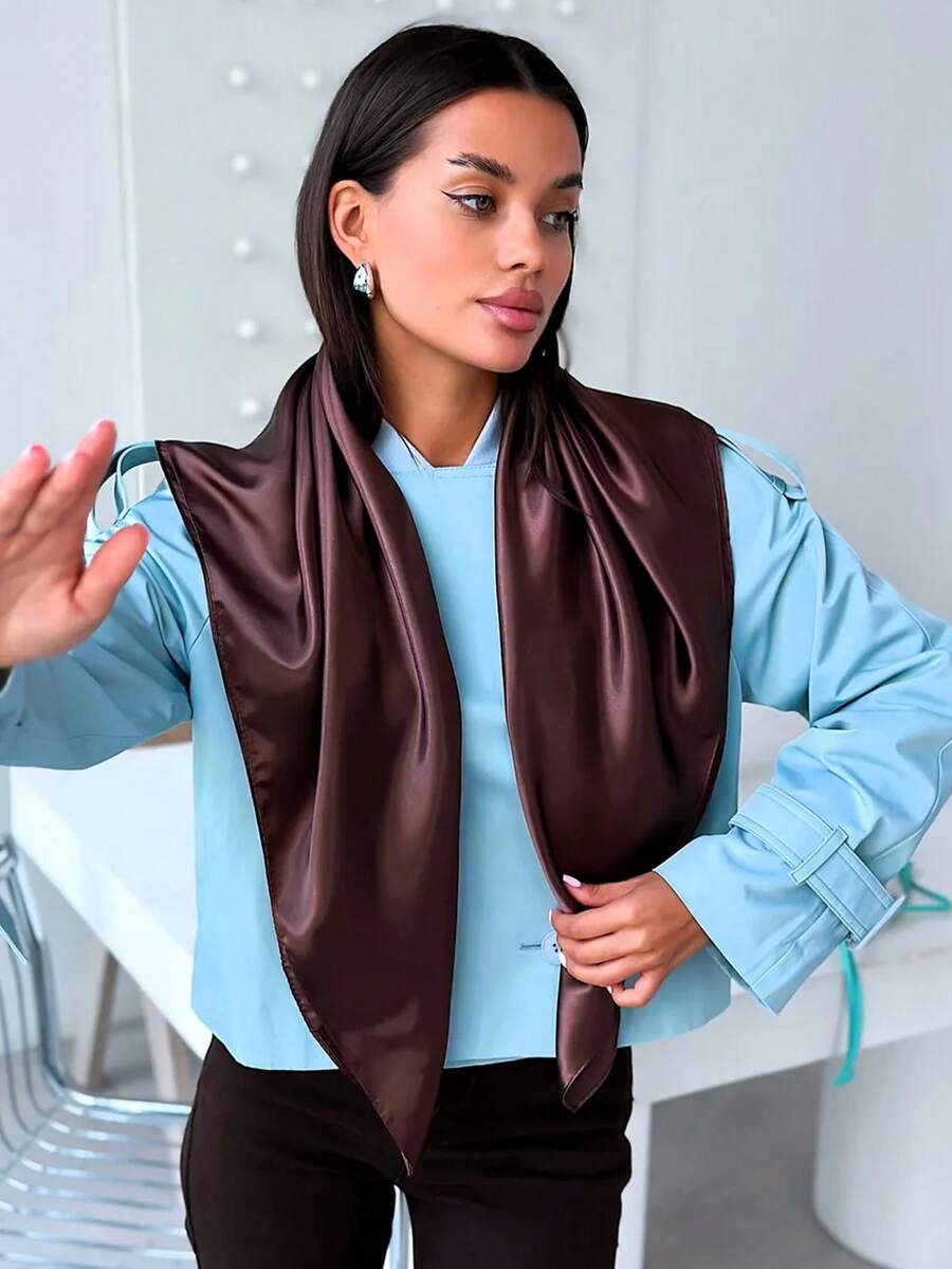 1PC Women Solid Satin Bandana 90*90cm, Versatile Square Head Scarf For Daily Wear - Coffee Brown - View 1