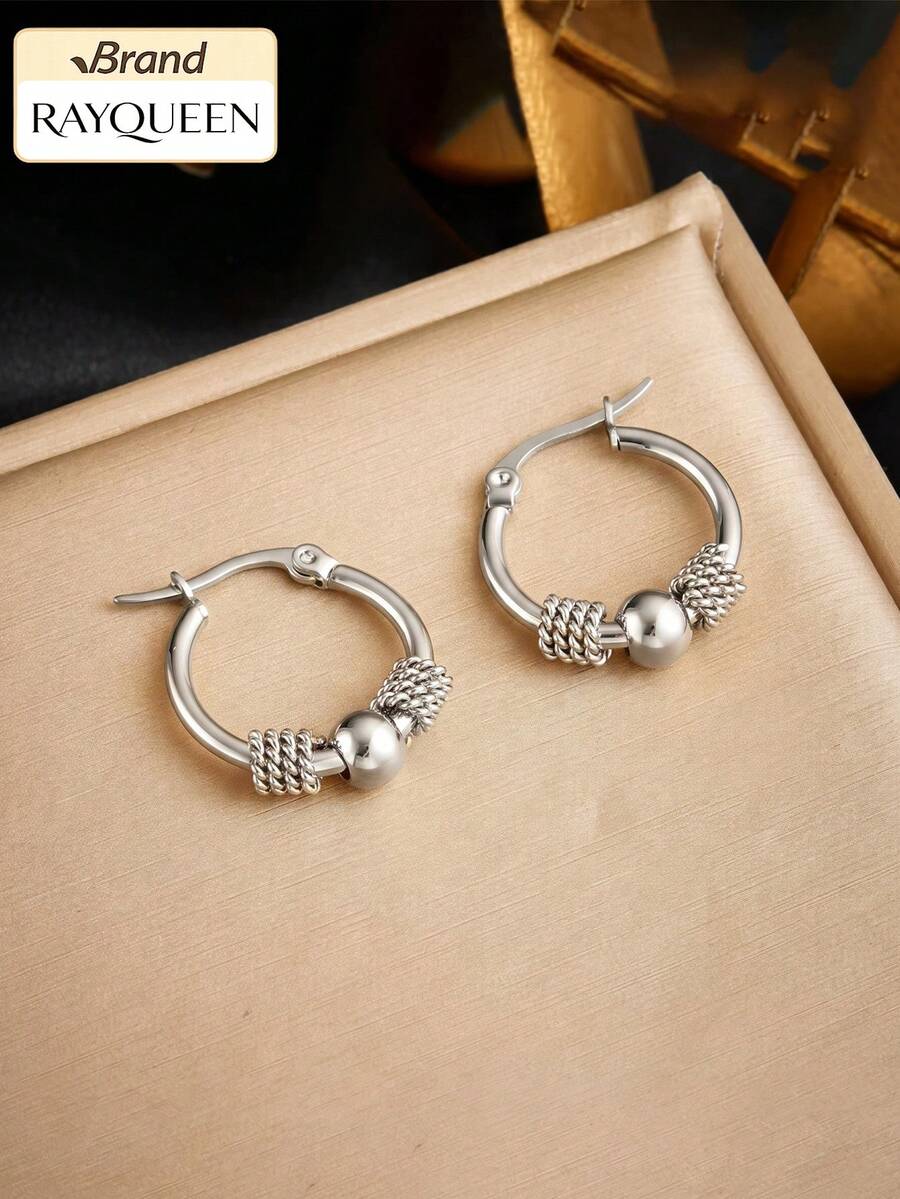 RAYQUEEN 1 Pair Fashion Vintage Minimalist Niche Stainless Steel Round Geometric Beaded Metal Earrings For Women - Earrings - View 1