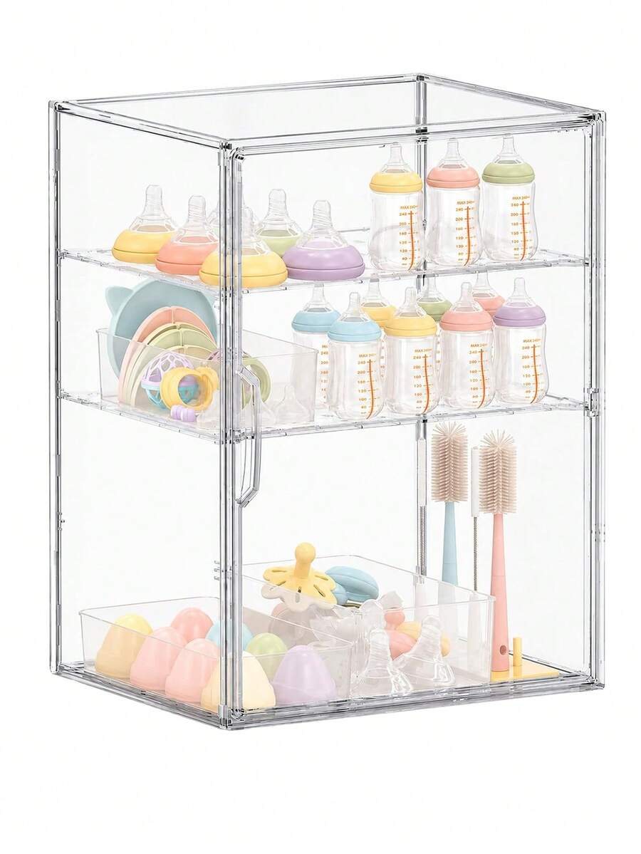 Transparent Acrylic Baby Feeding Supplies Storage Box, 1/2/3/4 Tier Stackable Storage Rack, Nursery Baby Bottle And Feeding Accessories Organizer - Clear - View 1