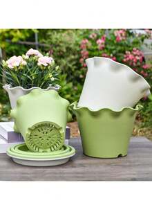 1pc Thickened Plastic Resin Plant Pot With Drainage Tray, Wavy Ruffle Edge Flower Pot, Suitable For Indoor Home And Balcony Garden Decoration - Ruffled Flower Pot - View 3