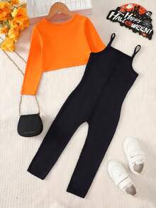 Girls' Casual Fashion Outdoor Fitted Halloween Orange Short Crew Neck Long Sleeve Top With Skeleton Pattern Suspender Jumpsuit - Orange - View 3