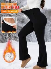 Women's Thermal Warm Thick Winter Pants Trousers Pocket Bell Bottom Flared Pants Tummy Control High Waisted Leggings Christmas - Black - View 5