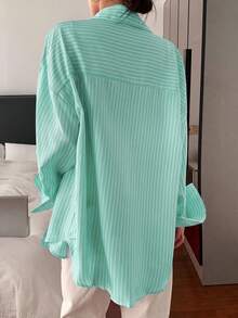 Vellofy Women's Autumn/Winter Green Striped Button-Up Collar Long Sleeve Loose Fit Shirt With Pockets, Suitable For Home Leisure, Daily Dating And Gatherings - Light Green - View 5