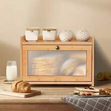 Caja de pan de madera, estante de almacenamiento para encimera de cocina, estante de almacenamiento de pan y aperitivos, estante de almacenamiento de utensilios de cocina, nueva caja de pan con puerta de acrílico - A - Ver 1