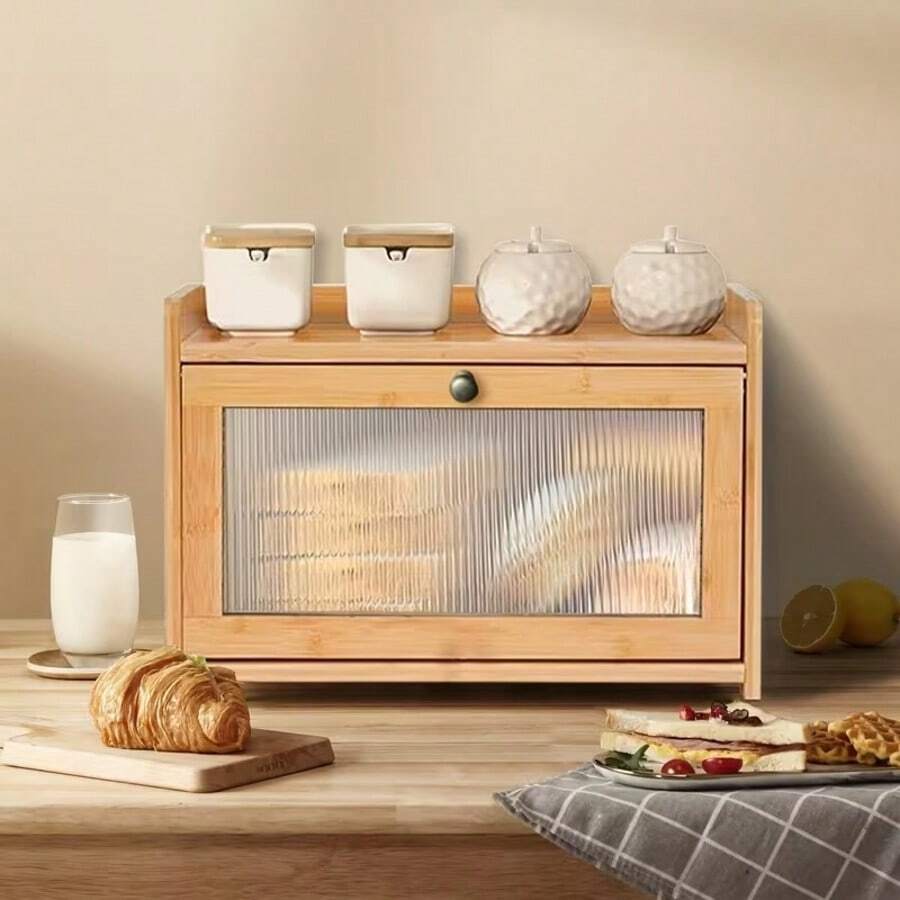 Caja de pan de madera, estante de almacenamiento para encimera de cocina, estante de almacenamiento de pan y aperitivos, estante de almacenamiento de utensilios de cocina, nueva caja de pan con puerta de acrílico - A - Ver 1