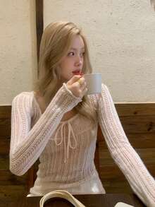 Korean Style Hollow Out Knit Slim Fit Long Sleeve Top For Women - Pink - View 2