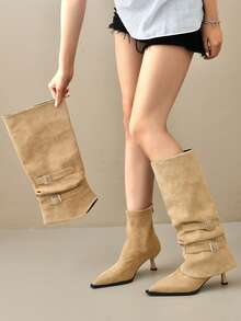 hanxiangyuzu Women's Pointed Toe Ruched Stacked Boots, 2026 Autumn/Winter New Style, Belt Buckle Kitten Heel Tall Boots, Detachable 2-In-1 Wear, Holiday - Khaki - View 2