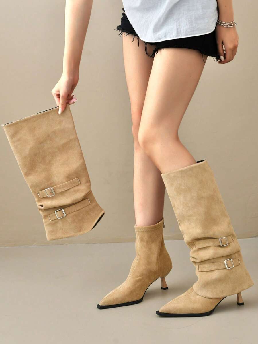 hanxiangyuzu Women's Pointed Toe Ruched Stacked Boots, 2026 Autumn/Winter New Style, Belt Buckle Kitten Heel Tall Boots, Detachable 2-In-1 Wear, Holiday
