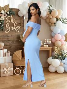 JustVH Maternity Mesh Off Shoulder Elegant Summer Sleeveless Dress For Baby Shower Photoshoot Spring Fall - Baby Blue - View 2