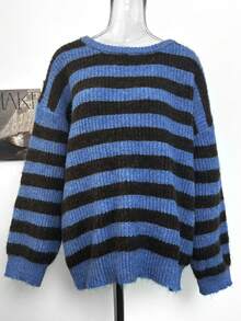 Korean Style Casual Round Neck Contrast Color Striped Drop Shoulder Long Sleeve Top Women Autumn Winter Loose Lazy Thick Knit Sweater - Blue and Brown - View 6