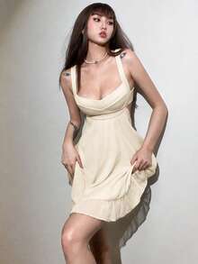 Top Dazzle Loose Fit Off-Shoulder Mesh Overlay Dress, Slimming - Apricot - View 6