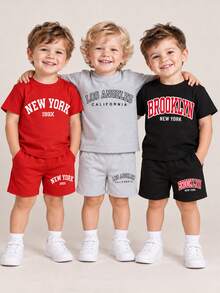Baby Boy Letter Print Short Sleeve And Shorts 3-Piece Set - Multicolor - View 1