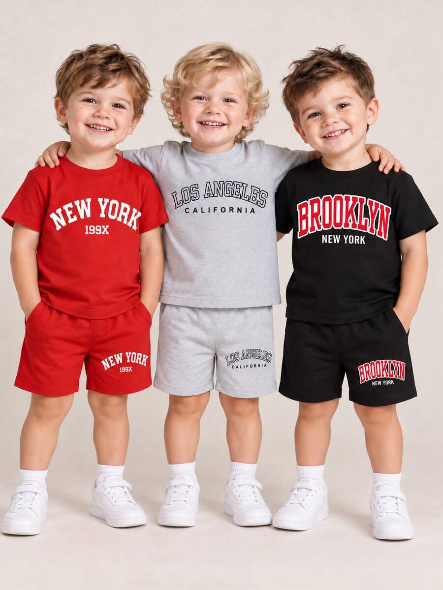 Baby Boy Letter Print Short Sleeve And Shorts 3-Piece Set - Multicolor - View 1
