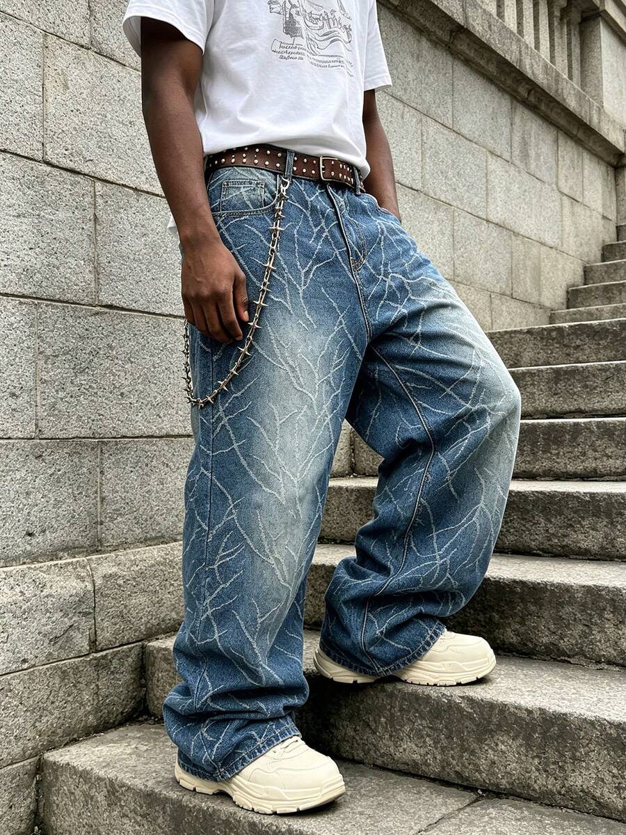 1pc Men's JacquardLoose Washed Denim Casual Baggy Wide Leg Jeans Pants - Blue - View 1