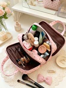 1pc Three-Layer Travel Toiletry Bag Large Capacity Cosmetics Handbag Waterproof Makeup Pouch Cute Zipper Make Up Bags Multi-Compartment Beauty Pouch - Multicolor - View 7