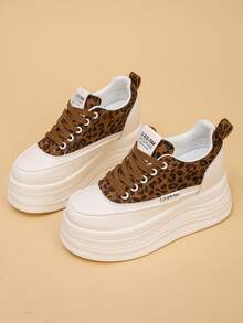 Women's Leopard Print Wedge Platform Sneakers Casual Lace-Up Shoes For Spring And Autumn - Brown - View 6