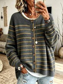 Plus Size 2026 New Striped Knit Cardigan, Long Sleeve Wooden Button Front Sweater Jacket, Casual Loose Fit Top, Suitable For Autumn/Winter Daily Wear - Dark Grey - View 1