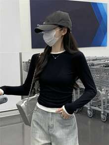 Women's Spring Round Neck Contrast Color 2 In 1 Pleated Long Sleeve T-Shirt Top Casual Black - Black - View 1