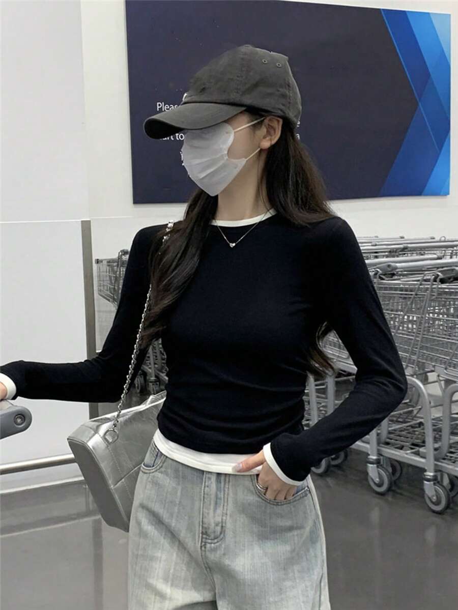 Women's Spring Round Neck Contrast Color 2 In 1 Pleated Long Sleeve T-Shirt Top Casual Black - Black - View 1