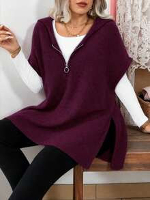Plus Size Women's Zip-Up Half-Open Neck Hooded Sweater, Fashionable Open Design Sleeveless Casual Knit Cardigan, Solid Color Knitted Zip-Up Half-Cardigan Hooded Vest, Spring/Autumn Holiday New Year Essential - Burgundy - View 4