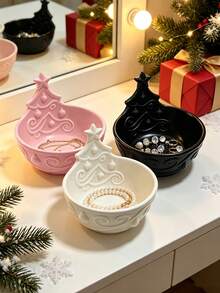 3D Printed Christmas Tree Shaped Jewelry Storage Bowl, 3D Embossed Pattern, Multiple Colors Available. Vanity Storage For Rings, Earrings, Necklaces, Christmas Atmosphere Desktop Decor, Creative Holiday Gift. - Multicolor - View 2