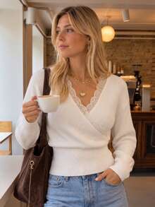 Women's French Elegant Wrap Knit Top, V-Neck Lace Trim Long Sleeve Ribbed Cropped Sweater, Suitable For Daily Coffee Autumn Outfit - White - View 2