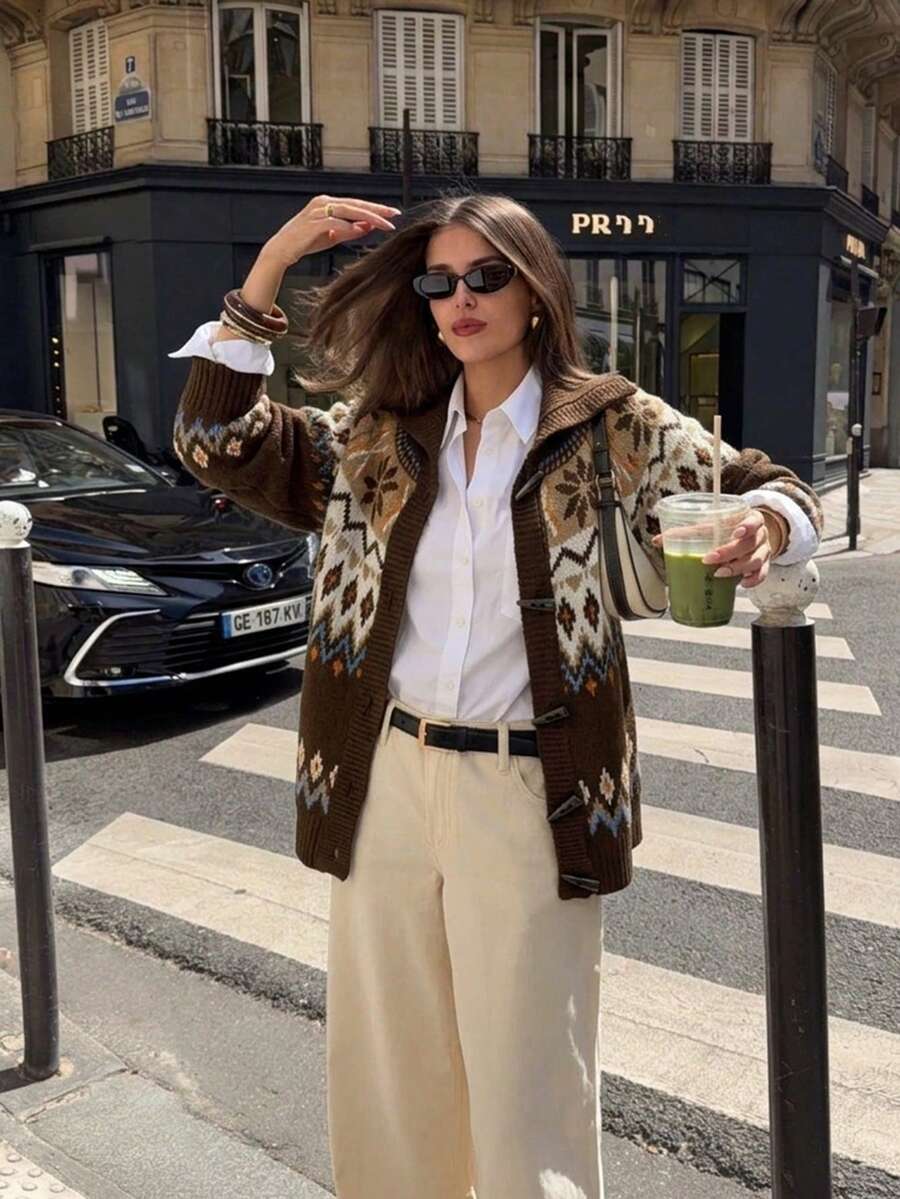 Fair Isle Pattern Button Front Sweater Cardigan, V Neck, Long Sleeve, Brown Knit, Cropped Fit, Vintage Fall/Winter Layer With Nordic Charm - Multicolor - View 1