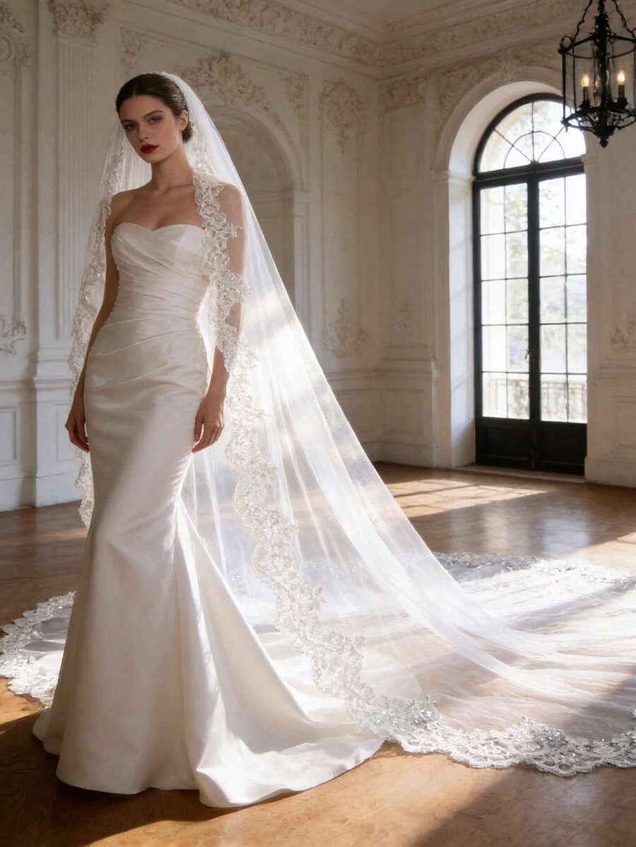 1pc 4M*3M Cathedral Lace Sequin Bridal Veil With Comb, Suitable For Wedding, Engagement Party, Vintage Luxury Wedding Photography Accessory