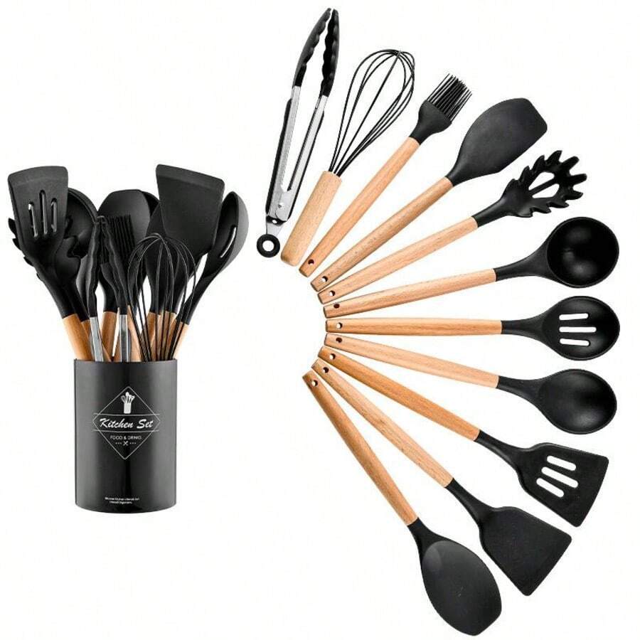 Set de Utensilios de Cocina Silicona Mango Madera, Kit Completo Resistente al Calor con Cuchara Pala y Organizador, Herramientas para Cocinar - Negro - Ver 1