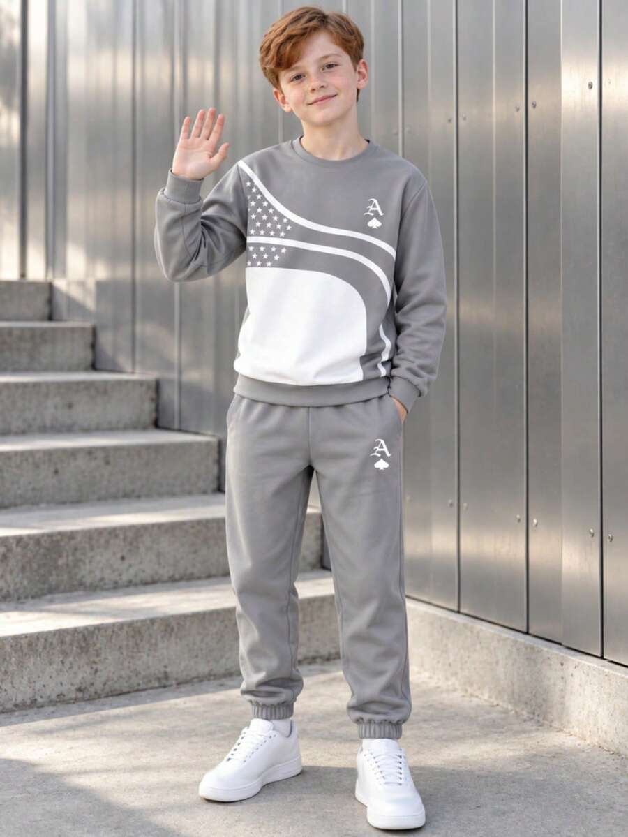 Teenagers Spring/Autumn Knitted 2 Pieces Set, Grey & White Colorblock Curved Star Print Crew Neck Sweatshirt, A Letter Poker Logo Loose Fit Joggers - Grey - View 1