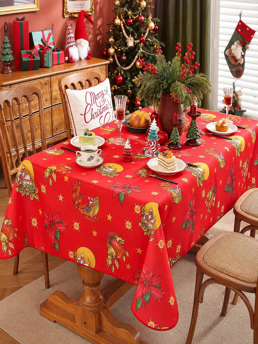 1pc Christmas Tablecloth With Multiple Patterns Optional, Polyester Rectangular Table Cover, Poinsettia/Santa Sleigh/Bell Holly/Christmas Tree Snowflake Print, Washable Festive Party Table Cloth, Xmas Home Dinner Table Decor Supplies - Multicolor - View 1