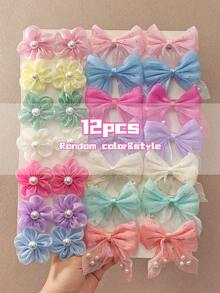 6/12Pcs Glitter Bow & Flower Hair Clip Set, Faux Pearl Decorated Alligator Hair Clips, Sweet Girl Side Hair Clips Princess Style Hair Accessories, Suitable For Daily/Party/Outing Use. - Multicolor - View 13
