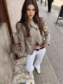 Seelio Autumn/Spring New Arrival Women's Fashion High Collar Versatile Blazer - Khaki - View 1