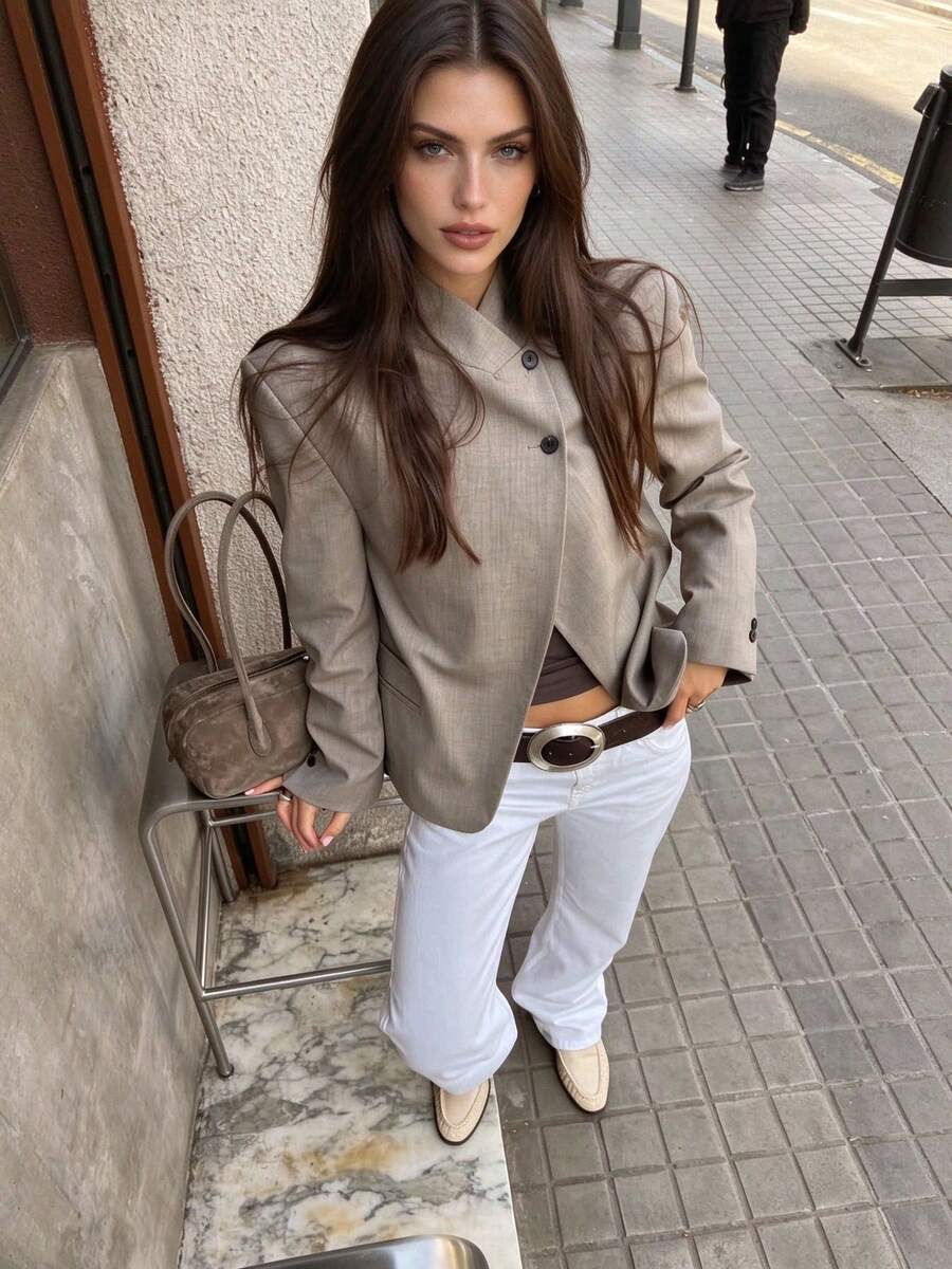 Seelio Autumn/Spring New Arrival Women's Fashion High Collar Versatile Blazer - Khaki - View 1