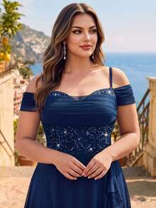Plus Size Elegant Cold Shoulder Sequin Floral Lace Bodycon Dress With Ruffle Mesh Hem, Formal Party Gown For Wedding, Birthday, Homecoming Dance - Navy Blue - View 6