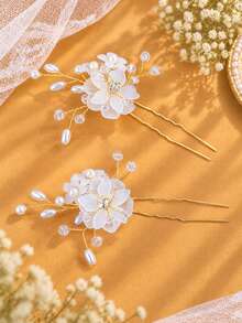 KOVLYNE 2pcs White Floral Pearl Hair Pins, Rhinestone Beaded Bridal Headpiece, Decorated With Exquisite Flower And Vine Patterns, Suitable For Brides, Prom And Special Occasions Elegant Wedding Hair Accessories - Gold - View 2