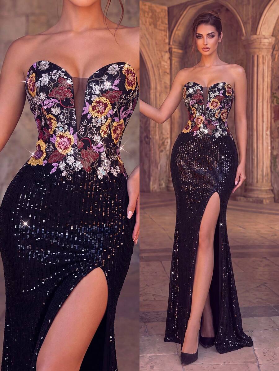 Romantic Women's Black Sequin Formal Gown, Colorful Embroidered Floral, Thigh-High Slit, Charming Long Silhouette, Suitable For Special Occasions - Black - View 1